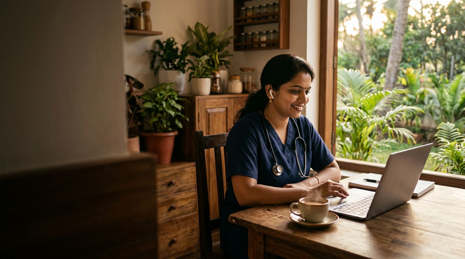 A nurse in scrubs working on a laptop at home